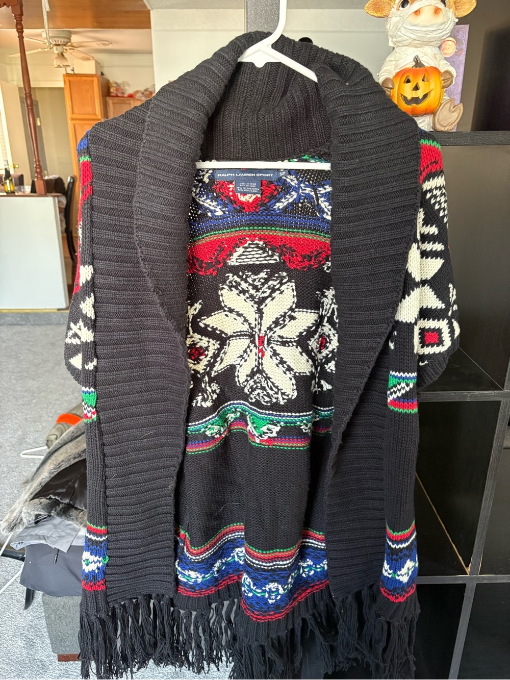 Ralph Lauren Black Fair Isle Shawl Collar Fringe Cardigan